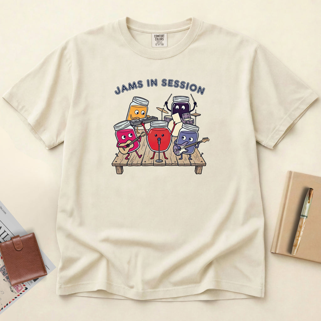 An off-white short-sleeve t-shirt with a colorful graphic of four cartoon drink cans playing musical instruments on a wooden stage, with the text 'JAMS IN SESSION' above them. The shirt is laid flat on a light beige background with a brown wallet, a book, and a pen nearby.